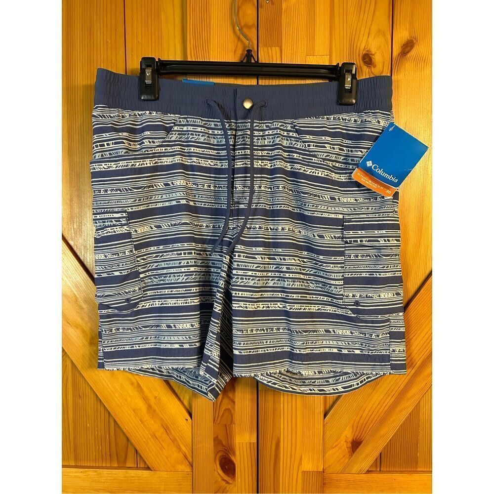 Columbia Cargo Shorts Size Medium Blue White Zip Snap Striped Inseam-6" nwt (047